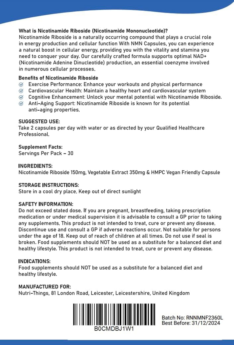 Nicotinamide Riboside Supplement | 60 Capsules | NAD+ Energy Booster