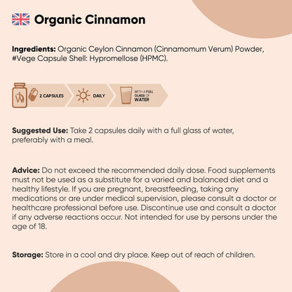 Organic Cinnamon Capsules 1000Mg - 180 Vegan Capsules - 3 Months Supply - Ceylon Cinnamon Powder - Soil Association Certified Supplement - GMO & Gluten Free