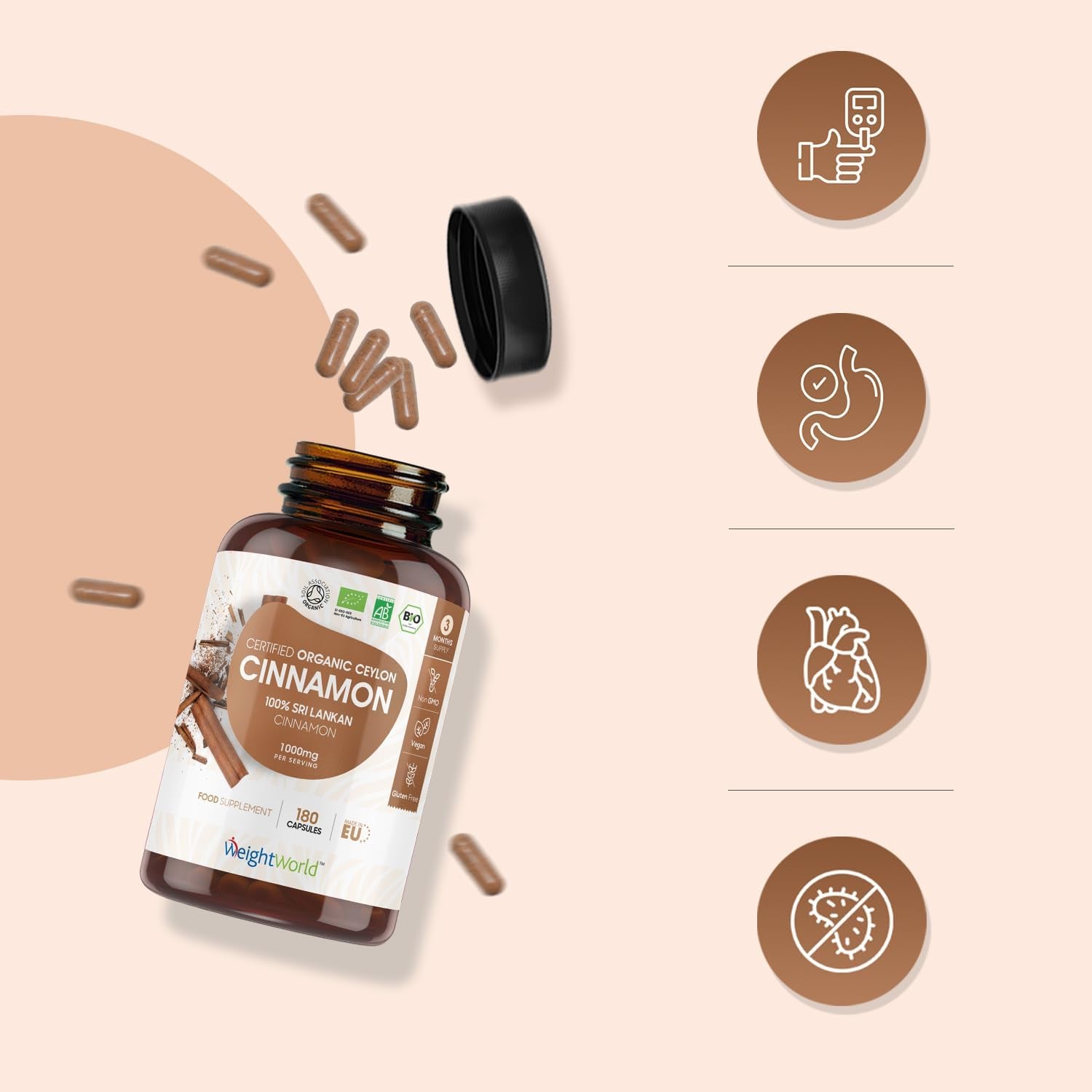 Organic Cinnamon Capsules 1000Mg - 180 Vegan Capsules - 3 Months Supply - Ceylon Cinnamon Powder - Soil Association Certified Supplement - GMO & Gluten Free