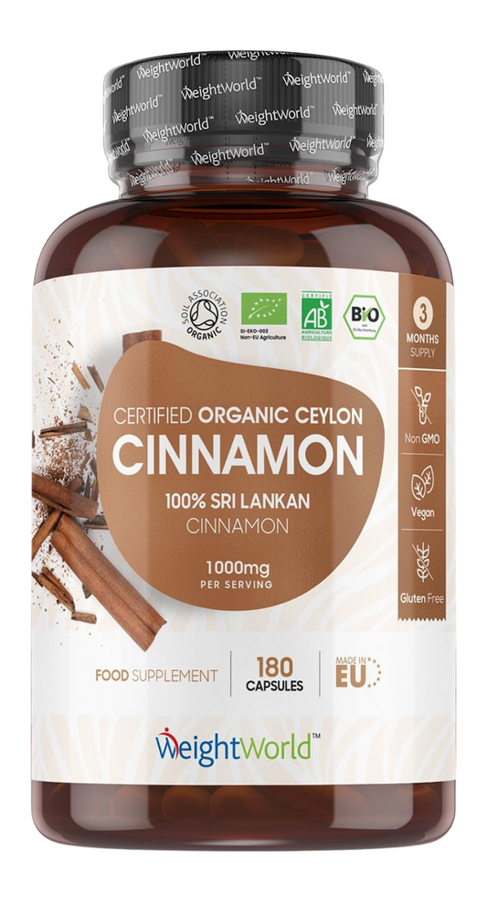 Organic Cinnamon Capsules 1000Mg - 180 Vegan Capsules - 3 Months Supply - Ceylon Cinnamon Powder - Soil Association Certified Supplement - GMO & Gluten Free