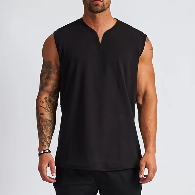 Plain Cotton V-Neck Fitness Tank Top Men Summer Muscle Vest Gym Clothing Bodybuilding Sleeveless Shirt Workout Sports Singlets