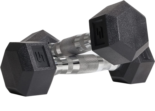 Rubber HEX Free Hand Weights Dumbbell Pairs Sizes 5, 10, 15, 20 and 25 LBS (5 LB Pair, Pair)